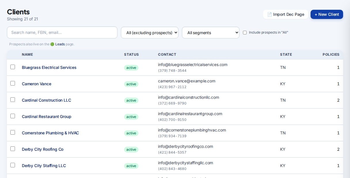 AgencyOne CRM client list — real screenshot